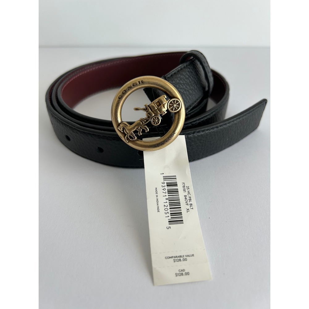 Coach Horse and Carriage Buckle Belt Pebbled Leather Black Oxblood F78181 XL